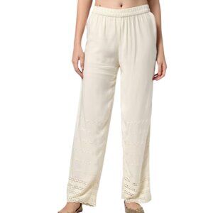 Srishti Medium Ivory Embroidered High Waist Wide Leg Boho Lounge Pants Coverup